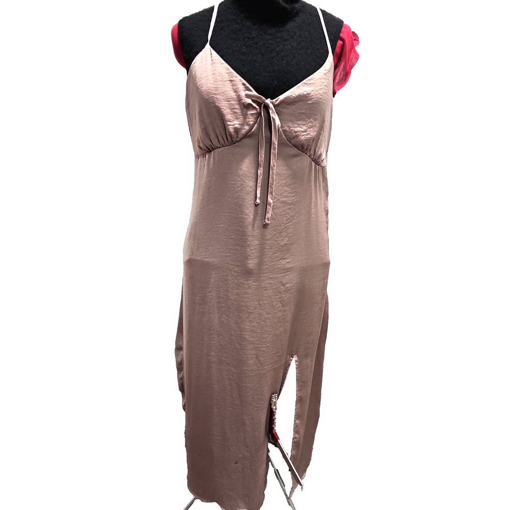 No Comment Womens XL Blush Satin Slip Dress Midi Side Slit Side Zip Spaghetti